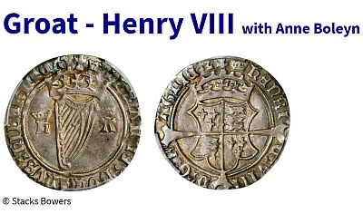 1534-35 Ireland Groat issued under Henry VIII. Obverse features a crowned harp flanked by crowned initials h A. Reverse features Quartered arms over cross fourchée dividing legend