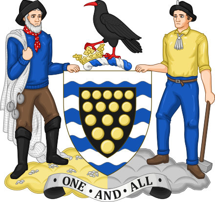 The current logo of Cornwall Council features a Cornish chough and the 15 Cornish golden bezants on a black field as used in the arms of the Duchy of Cornwall.[7] The arms of Cornwall County Council were: Sable fifteen bezants in pile within a bordure barry wavy of eight Argent and Azure. The crest was: On a wreath Argent and Azure a chough proper resting the dexter claw upon a ducal coronet Or. The supporters were: On the dexter side a fisherman holding over the exterior shoulder a net and on the sinister side a miner resting the exterior hand on a sledge hammer all proper. The motto was "One and all".[8]