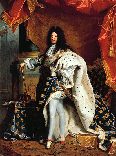 Portrait of Louis XIV by Hyacinthe Rigaud.  Dressed in a very large blue cloak with fleur de lis and white ermine fur.