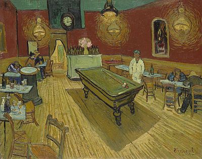 Billiards table in the centre of a cafe with tables around.  Red and yellow walls, board floor, aqua ceiling, lights hanging down.  Full description at https://www.vangoghgallery.com/painting/night-cafe.html