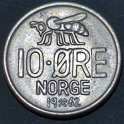 Honeybee above the value, with the country name below, and the date at the bottom Script: Latin Lettering: 10·ØRE NORGE 19⚒72 Translation: Norway Designer: Per Palle Storm Read more on Wikipedia