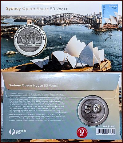 Sydney Opera House PMC with "Sydney Opera House 50 Years" the text on both the PNC and the medallion. The view is an aerial view of Sydney harbour with the number in the bottom left and a $1.20 stamp featuring the opera house top-right Reverse of Medallion and details of the PMC and information on the Opera House