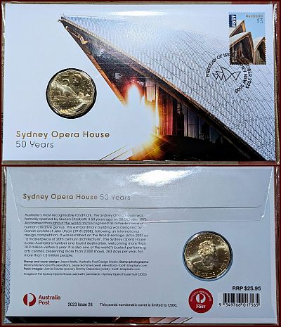 Sydney Opera House 50 Years PNC featuring view of one of the sails against the sun, a commemorative 50c coin and a $3 stamp.

Reverse of the PNC has details on the Opera House