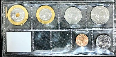 2017-2018 Mauritania set of coins. Six coins from ⅕ Ouguiya to 20 Ouguiya in a plastic sleeve with a tag showing the country name and flag.