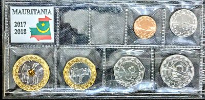2017-2018 Mauritania set of coins. Six coins from ⅕ Ouguiya to 20 Ouguiya in a plastic sleeve with a tag showing the country name and flag.