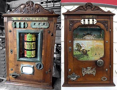 Image of Visible Roulette machine left, and Paris Courses machine right.

Visual Roulette: Visually the small wooden box has three coin slots and indicators for colour to the right.  The machine has three reels stacked vertically, which spin horizontally.  You can choose red, green or yellow.

Paris Courses: Three coin slots with the horses names above.  One large reel with images of the horses is visible through a large window taking up half the box.  There is a bell (I think) on the front as well.

Both machines have a coin return slot on the bottom left, and a keyhole on the left to open the machine for servicing.