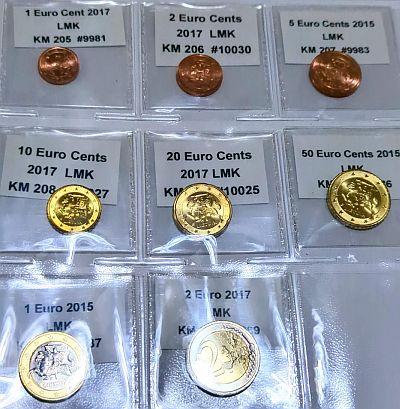 Image of the 8 coins in the Euro, all from Lithuania 2015 - 2017