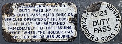 Rectangle pass next to round pass with text: "ALEXANDER & SON'S Ltd FALKIRK / No. 123 / DUTY / PASS"