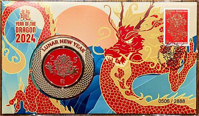 Obverse of the PNC showing "YEAR OF THE DRAGON" on the left, the medallion in the center near the left, a dragon printed on the right looking towards the medallion and the stamp and postmark on the right