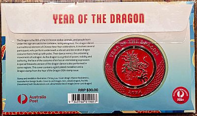 Reverse of the PNC with title YEAR OF THE DRAGON at the top and description underneath. The medallion is on the right of the envelope from this side (Text in the body of the post)