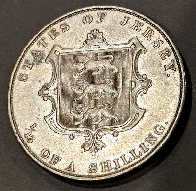 Reverse Ornamented shield of the arms of Jersey with legend above and denomination below Script: Latin Lettering: STATES OF JERSEY. 1/13 OF A SHILLING. Engraver: William Wyon Read more on Wikipedia