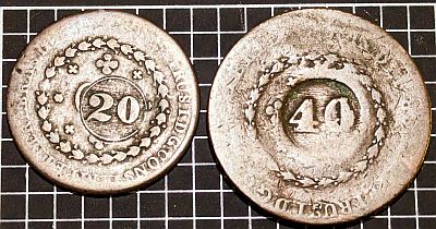 20 and 40 Réis coins (counterstamped on what was originally 40 and 80 Réis coins)