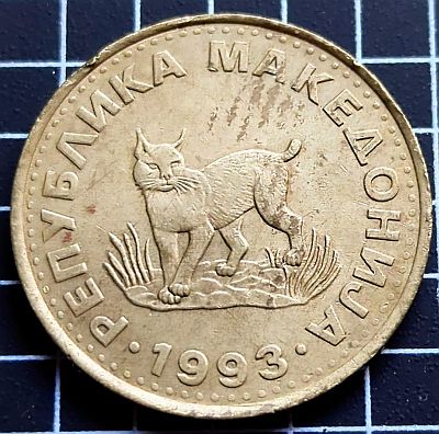 A Macedonia or Balkan Lynx (Binomial Name: Lynx lynx balcanicus), a subspecies of Eurasian lynx (Lynx lynx), with the country name at the top and the date at the bottom Script: Cyrillic Lettering: РЕПУБЛИКА МАКЕДОНИJА ∙ 2014 ∙ Translation: Republic of Macedonia 2014 Engraver: Biljana Unkovska