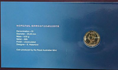 Insert card with coin obverse (right) and details of coin printed on the card: Nominal specifications Denomination - $1 Diameter - 25.00 mm Mass - 9.00 g Metal - AIBr Finish - Uncirculated Designer - E. Waterford Coin produced by the Royal Australian Mint