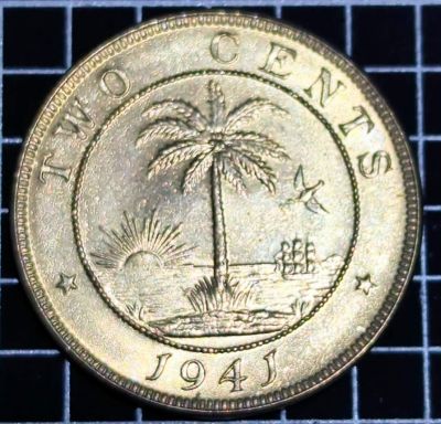 Palm tree divides ship and sun within circle flanked by stars above date. Script: Latin Lettering: ★ TWO CENTS ★ 1941