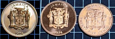 Two views of the 1974 Jamaica proof cent obverse with Jamaica above the coat of arms, with the FM mintmark below and the year at the bottom. On the right a 1996 25 Cent (not proof) coin with the country above, coat of arms centre and value and year below