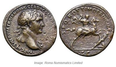 Photo from ACSearch showing coin from Roma Numismatics: Obverse: IMP CAES NERVAE TRAIANO AVG GER DAC P M TR P [COS V P P], laureate bust of Trajan to right, aegis on far shoulder Reverse: S P Q R OPTIMO PRINCIPI, emperor on horseback to right, thrusting spear at fallen Dacian; SC in exergue.
