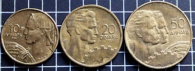 10 Dinara showing woman and wheat, 20 Dinara with man and cog, and 50 dinara, featuring all four elements.