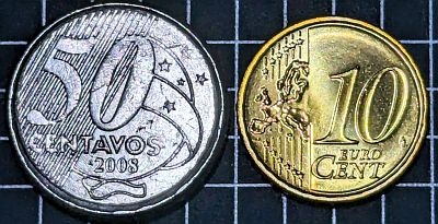 Brazil 50 Centavos (left) and Lithuania 10 Euro Cents (right). Brazil coin: Denomination on linear design at left, 3/4 globe with a sash on right, date below Script: Latin Lettering: 50 CENTAVOS 2010 Lithuania coin: A map, next to the face value, symbolizes the gathering of the fifteen nations of the European Union Script: Latin Lettering: 10 EURO CENT LL Engraver: Luc Luycx