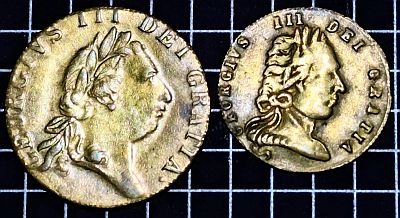 ISG 4970 next to imitation half guinea 4620, both with Georgivs III Dei Gratia around the edge with the king facing right centre.