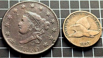 28.5mm 1820 Liberty Head Cent (bust left, stars around, date below) next to 19mm 1857 Flying Eagle Cent (eagle in flight left with country above and date below)