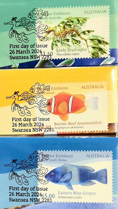 Stamps and Cancellation marks of the three PNCs, all dated First day of Issue, 26 March 2024, Swansea NSW 2281, each with an image of the emblem on a white-slightly shaded background. SA top, QLD, Middle, NSW lower