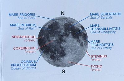 Location of prominent moon features: Seas of Cold, Rain, Serenity, Tranquility, and Fertility, Ocean of Storms, Craters Aristarchus, Copernicus, Stevinus and Tycho.
