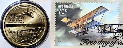 Coin showing a A Bristol aeroplane propeller with a military Boxkite flying under the propeller blade and a F/A-18 Hornet fighter aircraft soaring above it. Stamp of CFS 3 in 2014 recreating the original flight from a century earlier at Point Cook. Courtesy VintageAviationNews.com