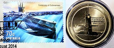 Stamp showing the submarin AE2 in still, blue water. Coin showing the submarine rising from the depths of the ocean, set against an ominous cloudy sky.