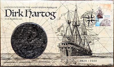 PNC with text:
Commemorating the 400th anniversary of Dirk Hartog 25 October 1616

Stamp showing ship top-right, ship middle-right and medallion left.  Printing is black on cream