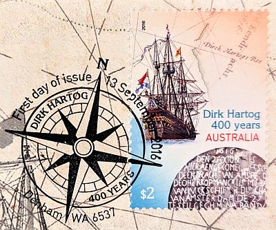 Postmarked first day of issue 13 September 2016, Denham, WA 6537 with a compass.