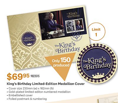 Image from the Impressions 2023 catalog showing the King's Birthday Impressions medallion PNC in gold with a purple medallion