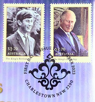 Two stamps, one of a young Prince Charles in Australia and one of King Charles. Postmarked First day of issue, 1 November 2023, Charlestown NSW 2290