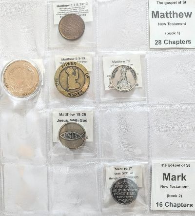 An album page with coins from Matthew (5 pieces) and Mark (one piece)