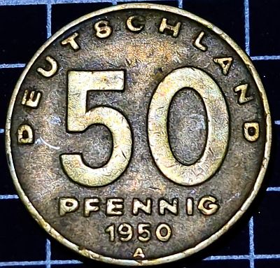 Value

Script: Latin

Lettering:
DEUTSCHLAND
50
PFENNIG
1950
A

Translation:
Germany
50
Pfennig
1950
A

Engraver: Franz Paul Krischker