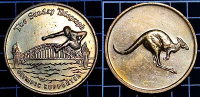 Obverse: An Olympian jumping over the Sydney Harbour Bridge. Lettering: The Sunday Telegraph OLYMPIC SUPPORTER Reverse: Kangaroo facing right. Designers mark under kangaroo's tail. Lettering: HH Designer: Horst Hahne