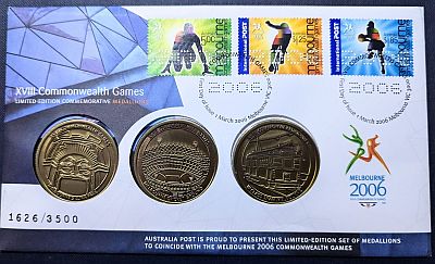 Front of the PNC featuring three stamps and three medallions and a photo of Fed Square on the left