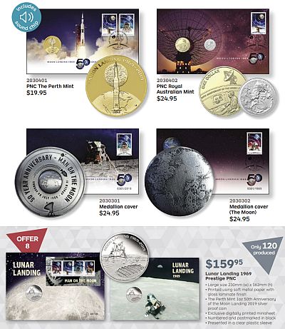 Five PNCs featuring the moon landing.  Image from Australia Post