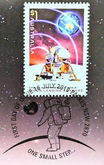 Stamp showing moon with lander and Earth in distance, postmarked first day of issue, 16 July 2019, Parkes NSW