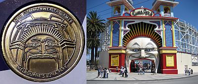 Gold/Nickel medallion with XVIII Commonwealth Games above, Luna Park in the centre and the caption Melbourne's Luna Park below. to the right is a photo of the entrance to Luna Park