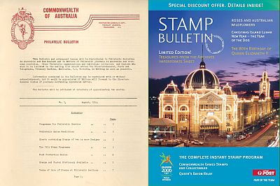 Philatelic Bulletin #1, typed on plain paper with a red ink letterhead, next to SStamp Bulletin 282, in full colour with a photo of Flinder's Street Station at night.