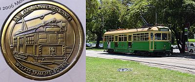 Gold/Nickel medallion with XVIII Commonwealth Games above, a W-Class tram heading right in the centre and the caption W-Class Tram Melbourne below. to the right is a photo of an actual W-Class Tram.