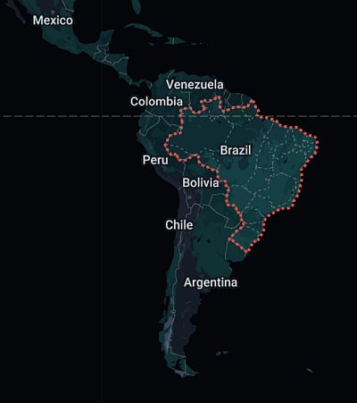 Map of South America with Brazil highlighted, taking up a large part of the north-east of the continent