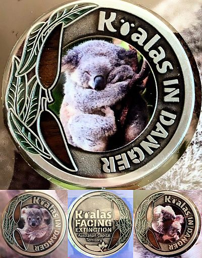 Three medallions, a sleeping koala largest up the top. The reverse is shown centre-bottom