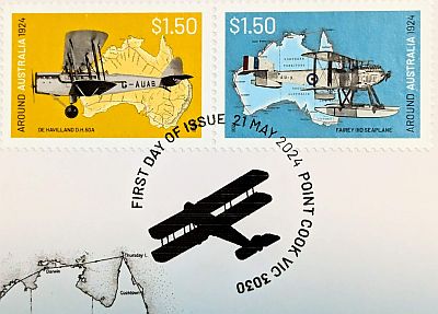 Yellow stamp with plane left, blue stamp with plane right. Postmark with bi-plane silhouette facing top-left. Text from top left around clockwise to bottom.