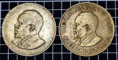 1968 10 Cents: Bust of president Mzee Jomo Kenyatta facing left. Without legend. 1969 10 Cents: Bust of Mzee Jomo Kenyatta facing left. Legend around the edge. Script: Latin Lettering: THE FIRST PRESIDENT OF KENYA · MZEE JOMO KENYATTA ·