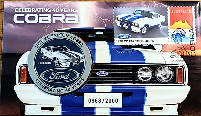 Front of the PNC featuring a front view of the car, "Celebrating 40 years Cobra" top-left, medallion featuring the car centre-left and stamp top-right