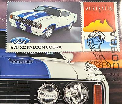 $1 stamp featuring a front three quarter view of the XC Cobra with the ford logo and car name underneath. On the right a map of Australia and the value. The cancellation mark is the Cobra snake logo with 23 October 2018, Geelong Vic 3220