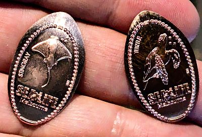 Two pressed pennies both with "SEA LIFE MELBOURNE" below. One with a stingray and one with a turtle